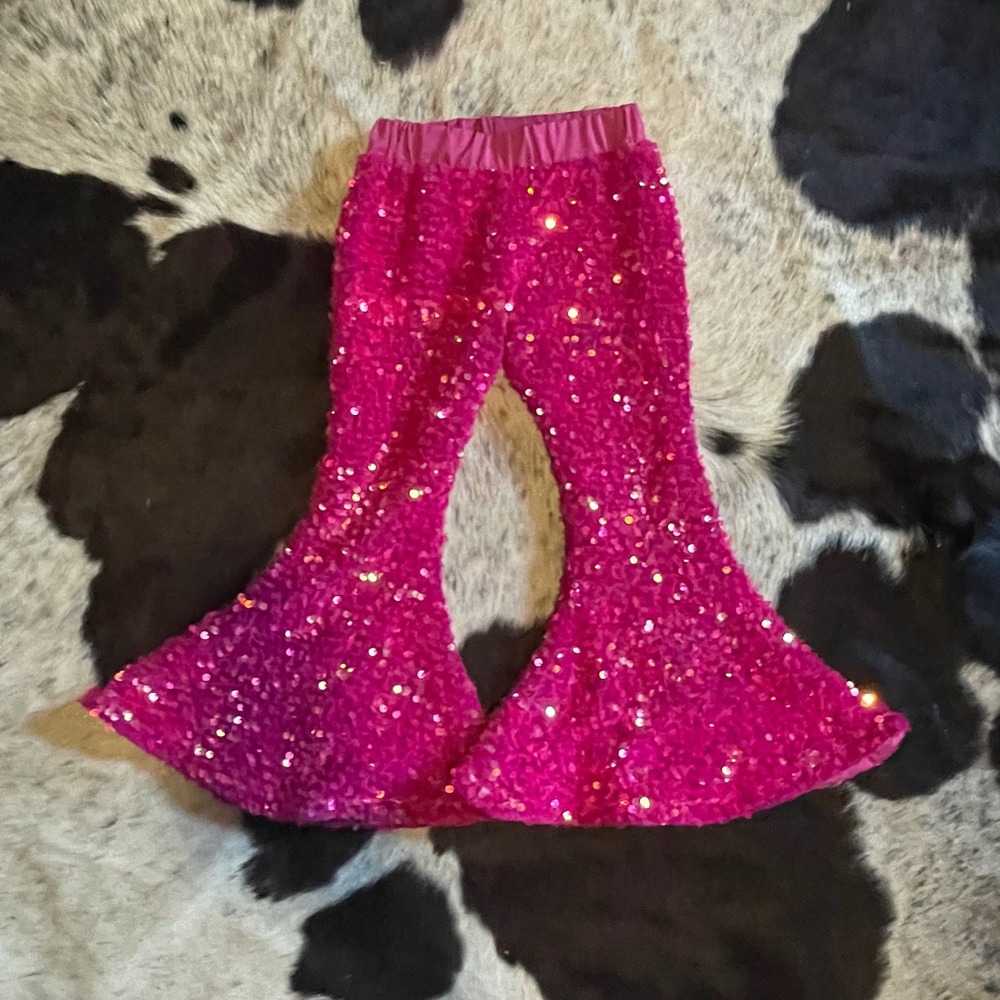 Toddler Girls Hot Pink Sequin Bell Bottom Flare Pants Sz 2T Sparkly Disco Retro